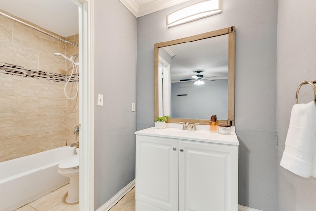 bathroom with crown molding, shower / bath combination, toilet, ceiling fan, and vanity