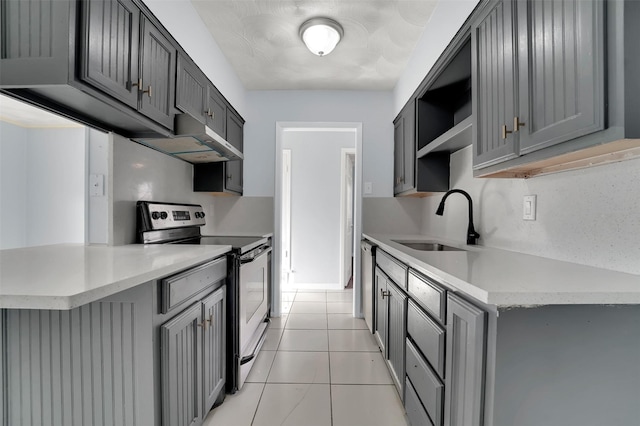 kitchen with sink, appliances with stainless steel finishes, gray cabinetry, ventilation hood, and kitchen peninsula