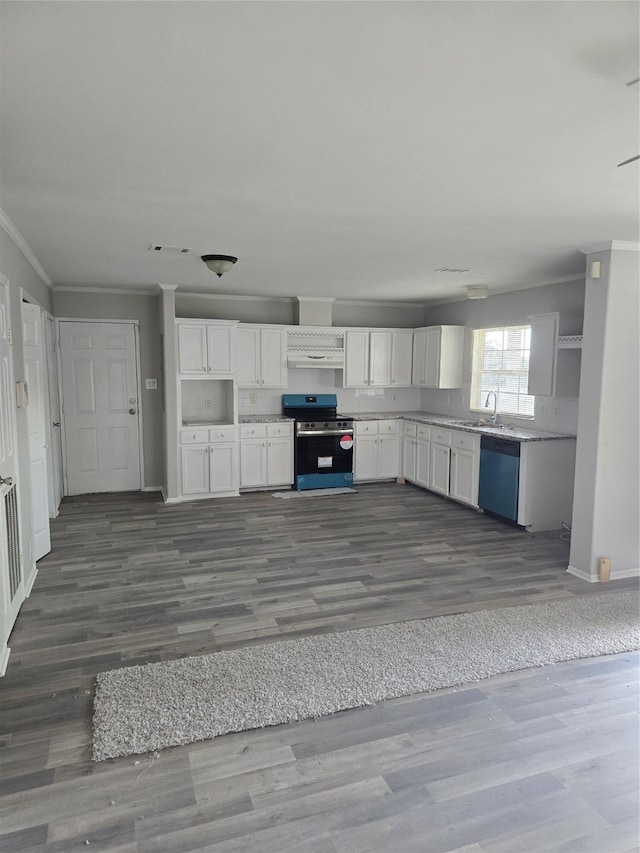 kitchen with ornamental molding, appliances with stainless steel finishes, white cabinets, and dark hardwood / wood-style flooring