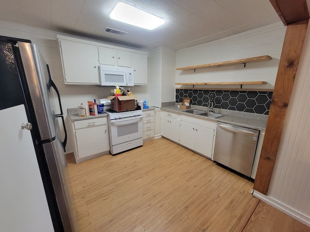 kitchen featuring sink, appliances with stainless steel finishes, white cabinets, light hardwood / wood-style floors, and backsplash