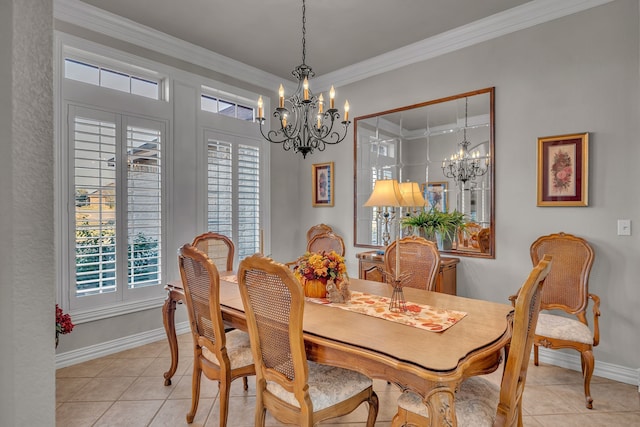 dining area featuring crown molding, a wealth of natural light, a chandelier, and light tile patterned floors