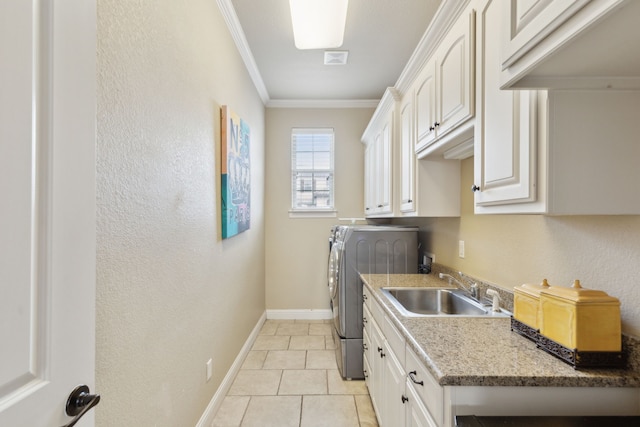 kitchen with sink, white cabinetry, ornamental molding, light tile patterned flooring, and custom exhaust hood