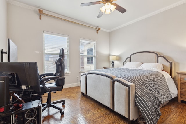 bedroom with crown molding, dark wood-type flooring, and ceiling fan