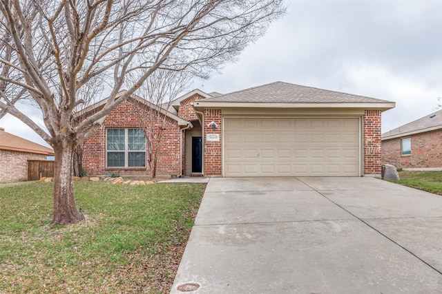 single story home featuring a garage and a front yard