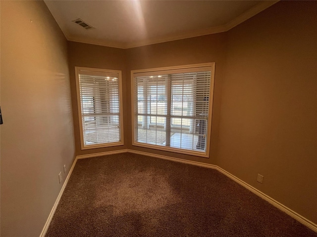 spare room featuring crown molding and carpet floors