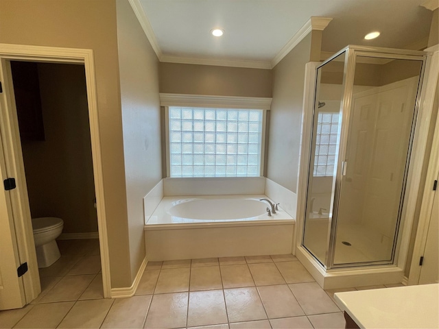 full bathroom featuring crown molding, tile patterned floors, and independent shower and bath