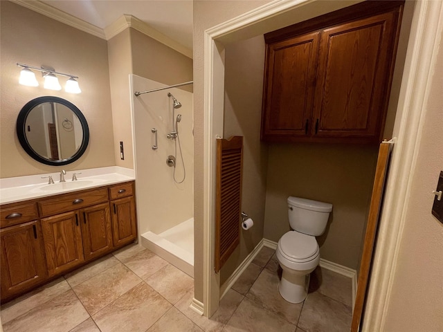 bathroom featuring toilet, ornamental molding, vanity, and walk in shower