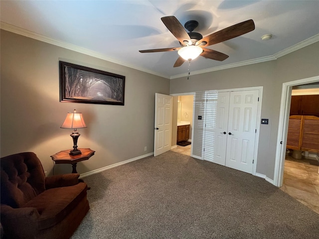 living area with light carpet, crown molding, and ceiling fan