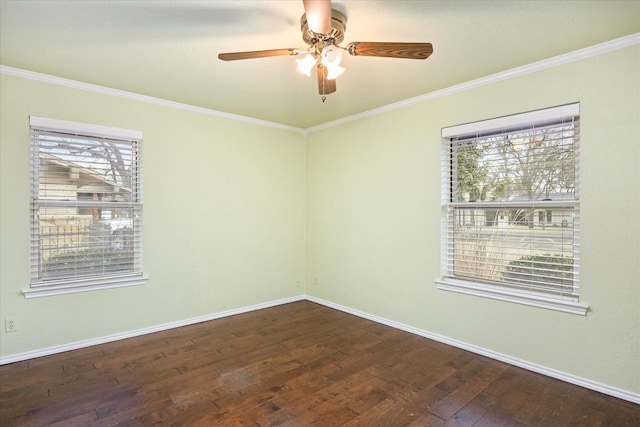 unfurnished room featuring ceiling fan, ornamental molding, and wood-type flooring