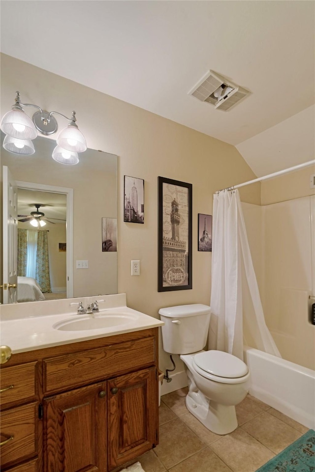 full bathroom with vanity, shower / bath combo, tile patterned floors, and toilet