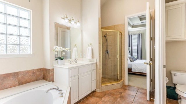 full bathroom with vanity, toilet, tile patterned flooring, and shower with separate bathtub