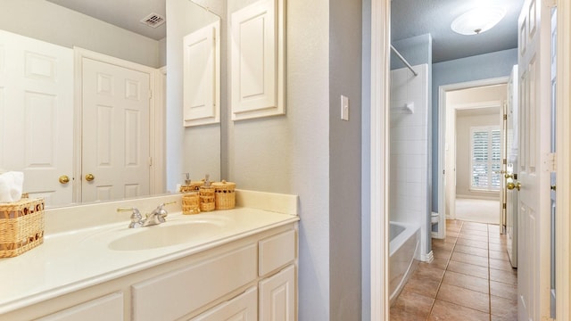 bathroom with shower / bathtub combination, tile patterned floors, and vanity