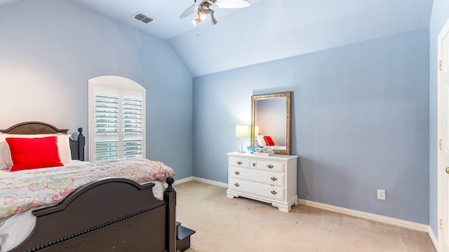 carpeted bedroom featuring ceiling fan and lofted ceiling