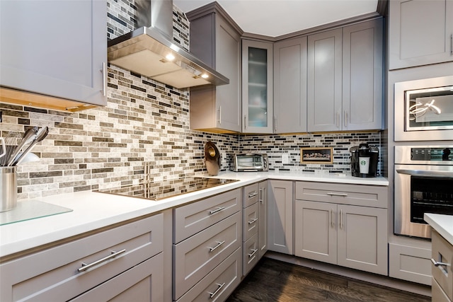 kitchen with ventilation hood, appliances with stainless steel finishes, gray cabinets, and decorative backsplash