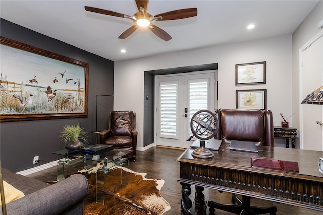 office area featuring dark hardwood / wood-style flooring, french doors, and ceiling fan