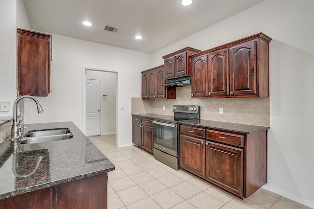 408 Elk Run Dr, Fort Worth, TX 76140 - kitchen featuring sink, dark stone countertops, electric range, and backsplash