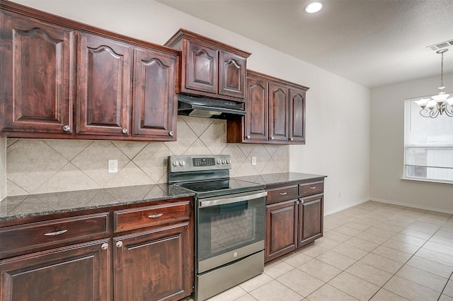 408 Elk Run Dr, Fort Worth, TX 76140 - kitchen with electric stove, dark stone countertops, hanging light fixtures, backsplash, and an inviting chandelier