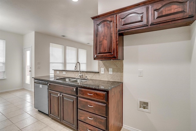 408 Elk Run Dr, Fort Worth, TX 76140 - kitchen with sink, dark stone countertops, backsplash, plenty of natural light, and stainless steel dishwasher