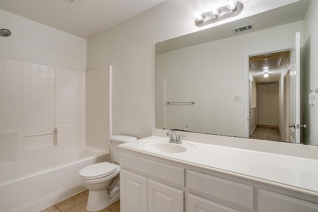 408 Elk Run Dr, Fort Worth, TX 76140 - full bathroom featuring tile patterned floors, toilet, bathing tub / shower combination, and vanity