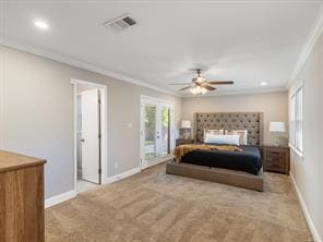 bedroom featuring crown molding, ceiling fan, light carpet, and access to outside