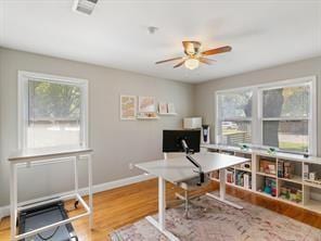 home office with plenty of natural light, hardwood / wood-style floors, and ceiling fan