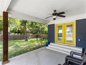 view of patio with ceiling fan and french doors