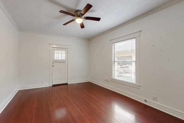 unfurnished room featuring ceiling fan, ornamental molding, dark hardwood / wood-style floors, and a textured ceiling