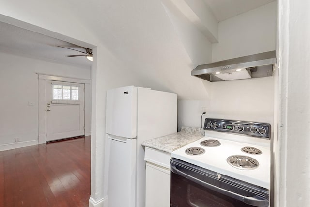 kitchen with electric stove, wall chimney range hood, dark wood-type flooring, ceiling fan, and white refrigerator