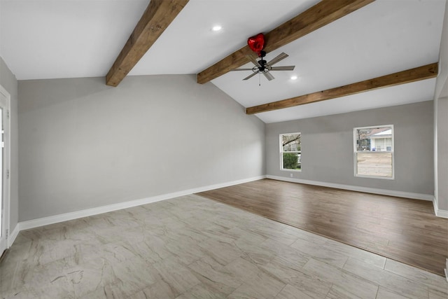 spare room with lofted ceiling with beams, ceiling fan, and light wood-type flooring