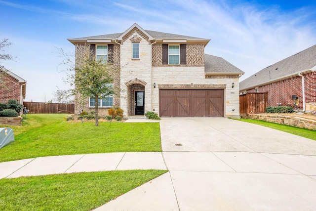 view of front of house featuring a garage and a front lawn