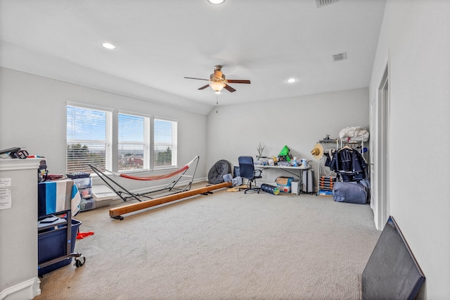 playroom featuring carpet floors and ceiling fan