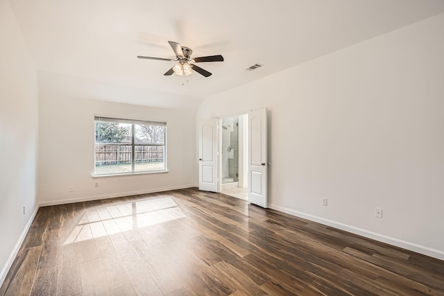 unfurnished room with dark hardwood / wood-style floors and ceiling fan