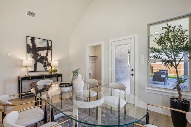 living area featuring hardwood / wood-style flooring and high vaulted ceiling