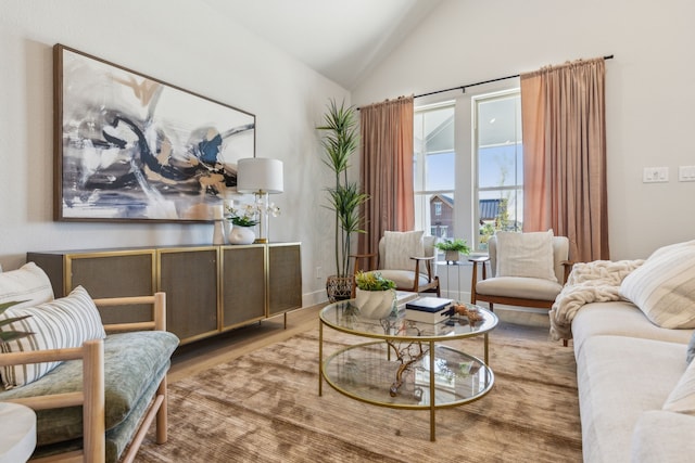 living room with hardwood / wood-style flooring and vaulted ceiling