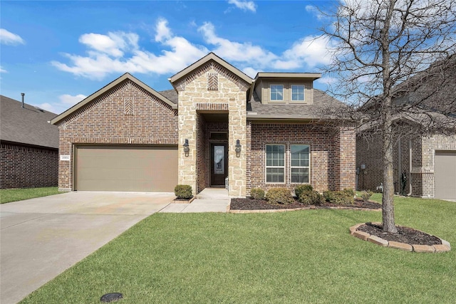 view of front of house with a garage and a front lawn