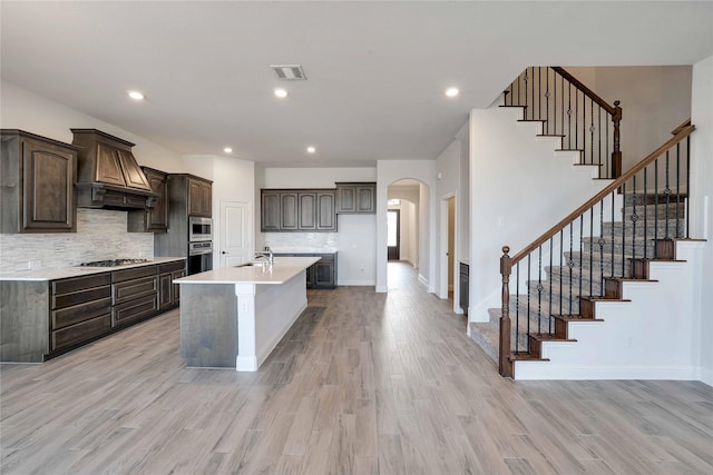 kitchen featuring sink, dark brown cabinets, stainless steel appliances, and custom exhaust hood