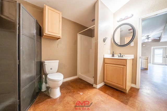 bathroom with toilet, vanity, concrete flooring, and a shower