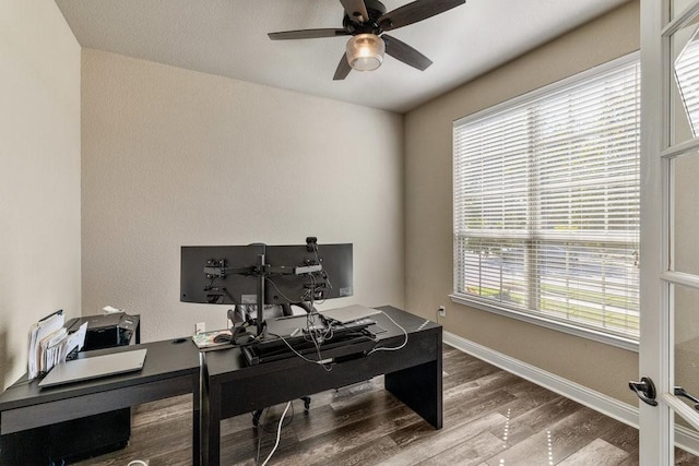 office space featuring hardwood / wood-style flooring, french doors, and ceiling fan