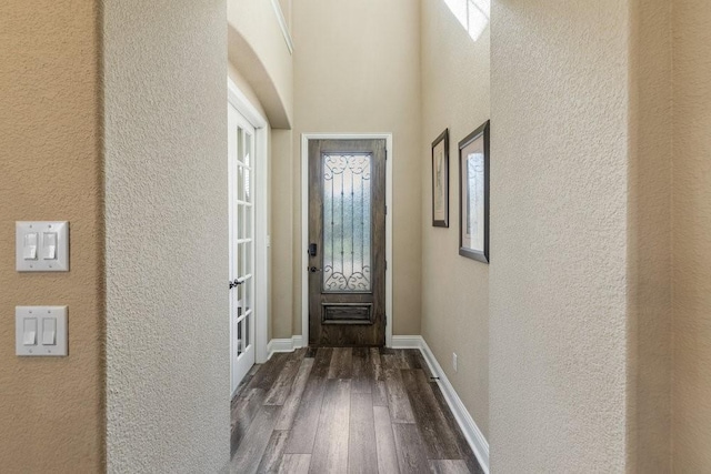 doorway to outside featuring dark hardwood / wood-style flooring and a towering ceiling