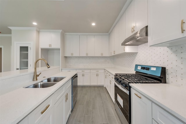 kitchen featuring white cabinetry, dishwasher, sink, crown molding, and gas stove