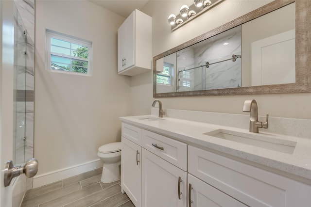 bathroom with vanity, an enclosed shower, and toilet