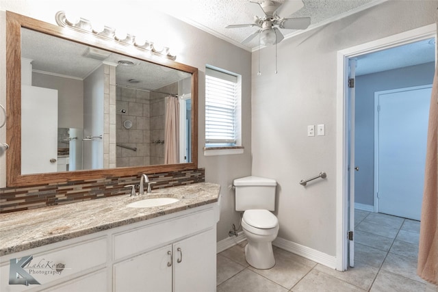 bathroom featuring tasteful backsplash, tile patterned flooring, walk in shower, toilet, and crown molding