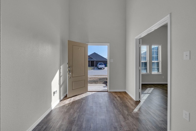 entryway with a towering ceiling, dark wood-type flooring, and plenty of natural light