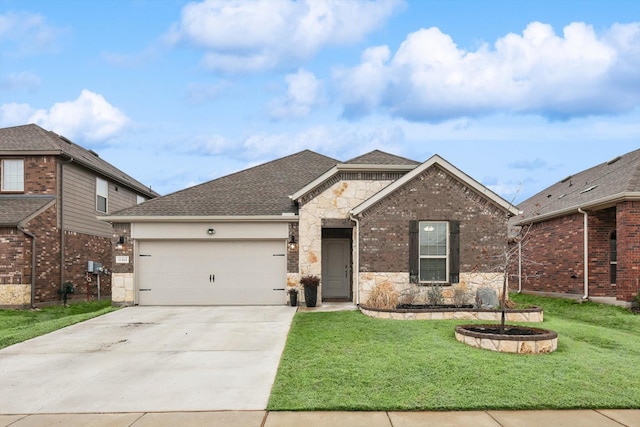 view of front of property with a garage and a front lawn