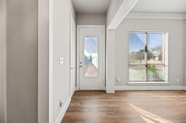 entryway featuring wood-type flooring and ornamental molding