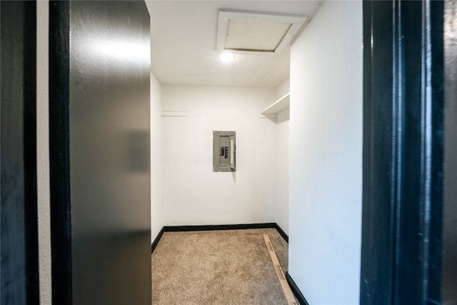 spacious closet with carpet floors and electric panel