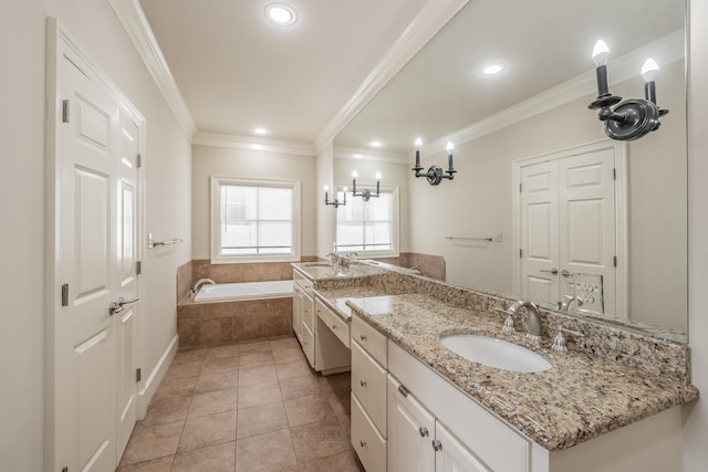 bathroom featuring ornamental molding, tiled bath, tile patterned flooring, and vanity