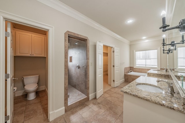 full bathroom with independent shower and bath, tile patterned flooring, vanity, toilet, and crown molding