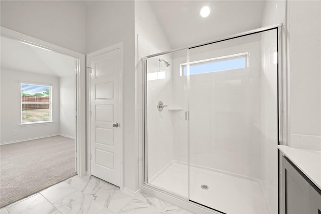 400 Basalt Dr, Azle, TX 76020 - full bathroom with a stall shower, marble look tile flooring, vanity, vaulted ceiling, and baseboards