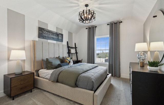 bedroom with vaulted ceiling, light carpet, and a chandelier